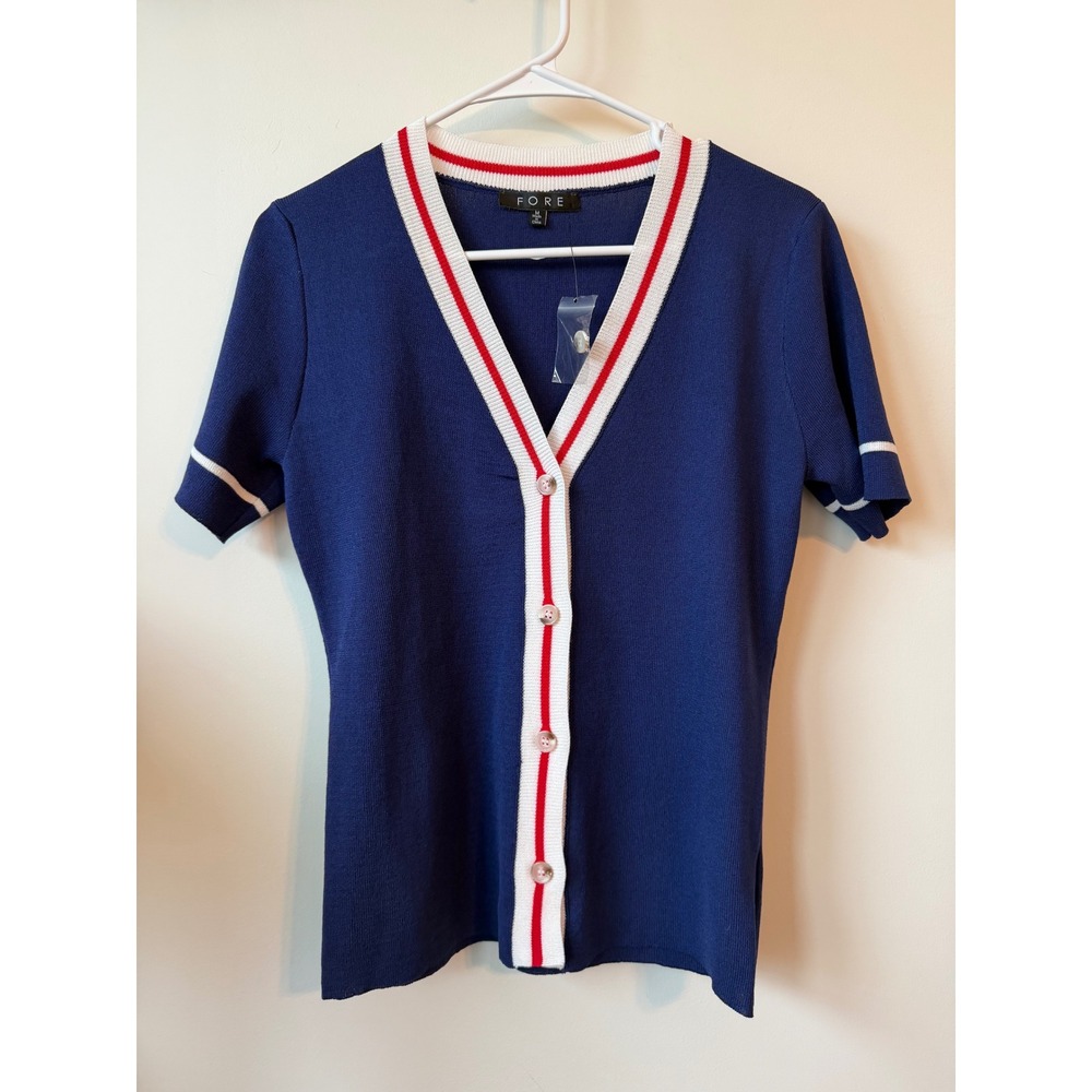 FORE Navy Blue Varsity Stripe Short Sleeve Knit Cardigan Top Size Medium